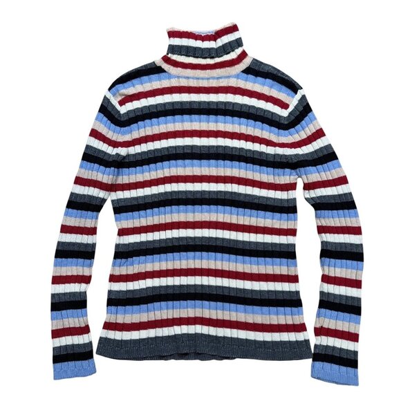Vintage 90s Niki Taylor By Liz Claiborne Ribbed Striped Turtleneck Sweater XL Mu - Picture 1 of 7